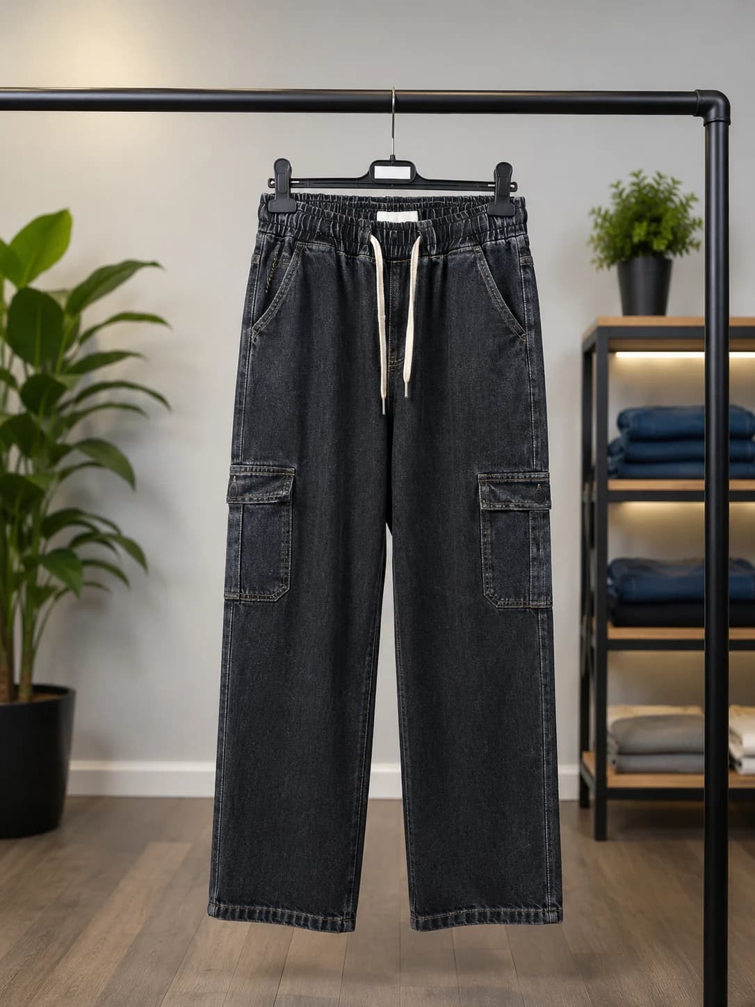 Black Denim Cargo Jogger Pants